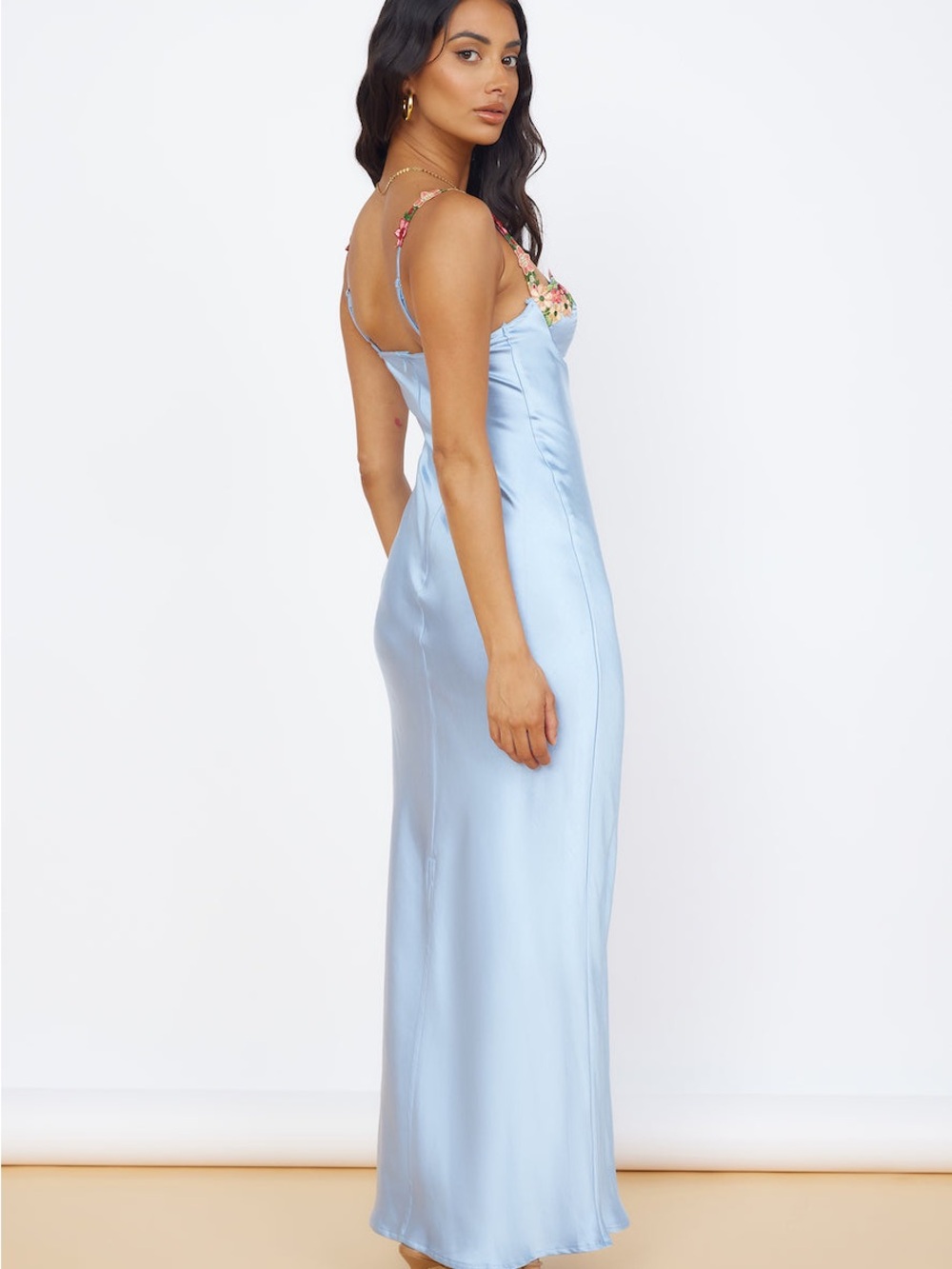 Floral Trim Satin Slip Dress in Light Blue - Picture 2 of 10